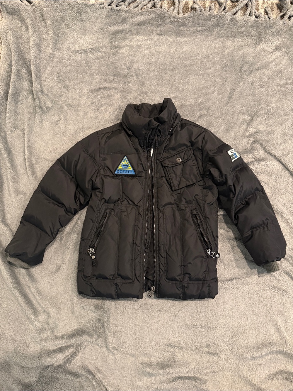Diesel Kids' Black Quilted Puffer Jacket with Patch Details